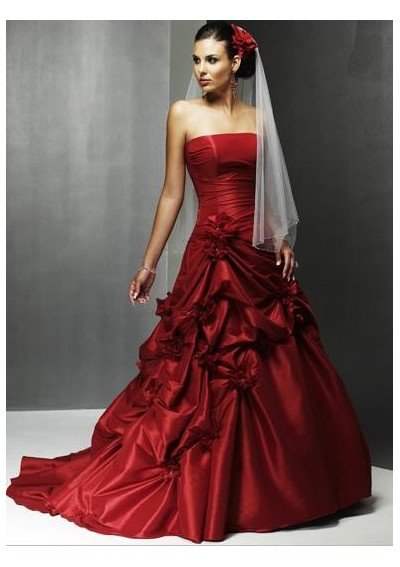 Taffeta Strapless A line Asymmetrcail Pick up Skirt lace up back Chapel Train Wine Red wedding Dress.jpg