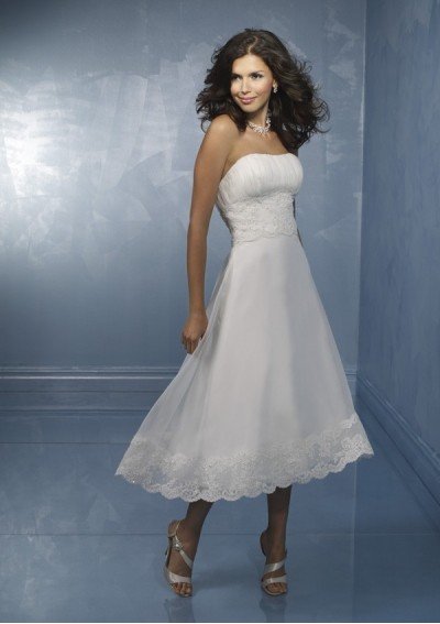Organza Strapless A line Tea Length Short Wedding Dress with Orderly Pleated Bodice.jpg