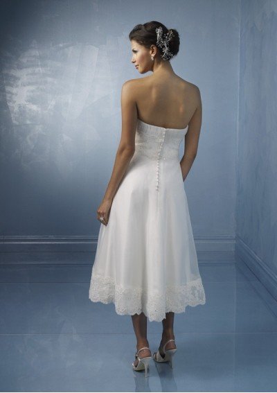 Organza Strapless A line Tea Length Short Wedding Dress with Orderly Pleated Bodice 01.jpg