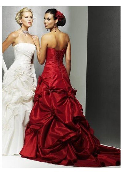 Taffeta Strapless A line Asymmetrcail Pick up Skirt lace up back Chapel Train Wine Red wedding Dress 01.jpg