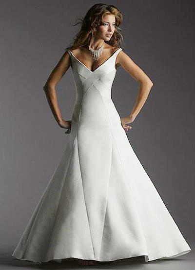 White A line V Neck Off The Shoulder Floor Length Satin Wedding Dress.jpg