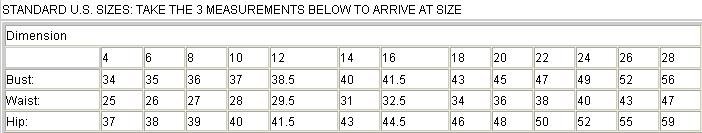 size-chart for evening dress