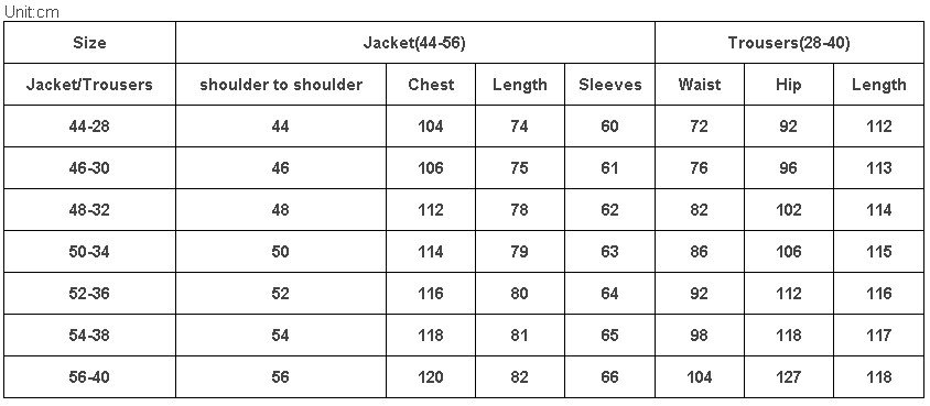 men suit sizelist