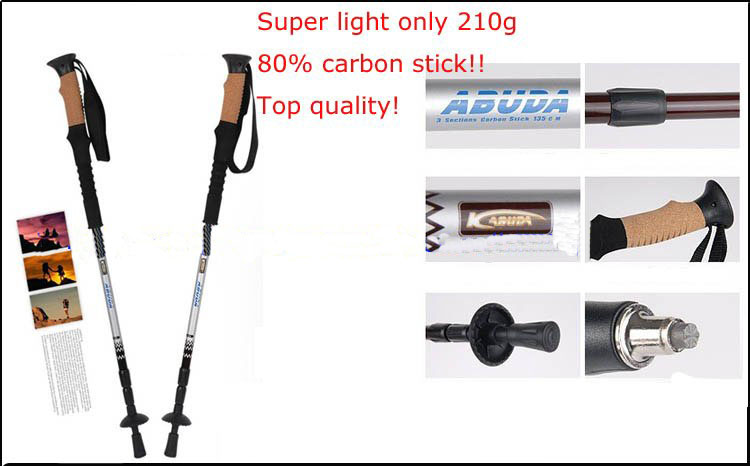 Free Shipping Top Quality Professional Carbon 3-section Straight Bar Hiking Pole Telescopic Hiking Antishock Pole Super Strong