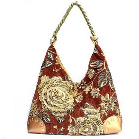Brown Tape Stry Beaded Florals Hobo Bag Handbag
