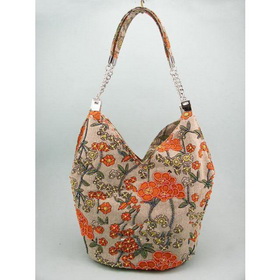 Fashion Linen Beaded Orange Florals Shoulder Bag Hobo