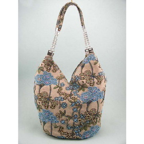 Fashion Linen Beaded Lt Blue Florals Shoulder Bag Hobo