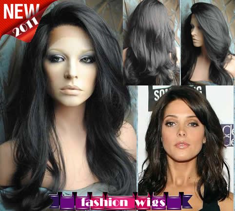 2011 New Celebrity Hairstyle Beautiful 20" Body Wave #1B Natural Black Swiss Lace Front Human Hair Wigs CHS084