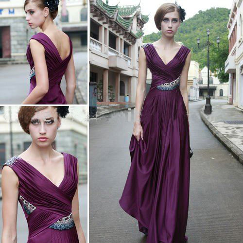Free Shipping Claret Tencel Silk Sexy V- Neck Ceremony Dresses Brand Coniefox 80512