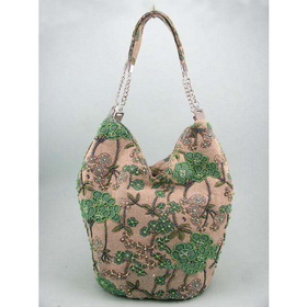Fashion Linen Beaded Green Florals Shoulder Bag Hobo