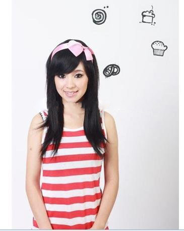 [140-05] Free Shipping Hot Sale Oblique Bangs Long Straight Human Hair Wig