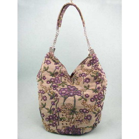 Fashion Linen Beaded Purple Florals Shoulder Bag Hobo