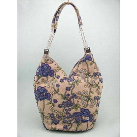 Fashion Linen Beaded Navyblue Florals Shoulder Bag Hobo