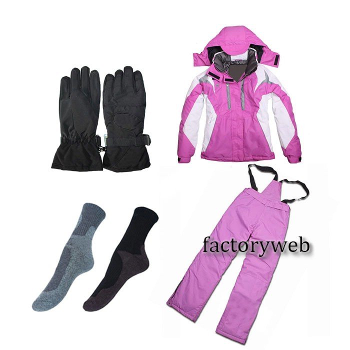 Women's Waterproof Ski/Snowboard 9Colors Jackets+Pants+Socks+Gloves Purple