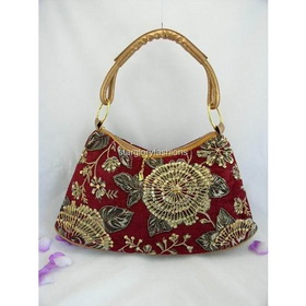 Fashion Red Tapestry Beaded Florals Shoulder Bag Hobo