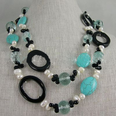 New Free Shipping Length 39" Grade AA Blue Turquois Black Agate Natural Freshwater Pearl Necklace