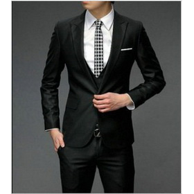 Pure Black Slim Cotton & Polyester Men's Suits