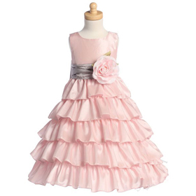 Pink Girls Sleeveless Ruffle Flower Girl Party Dress with Sash