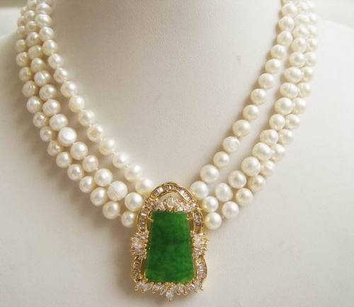 Beautiful 3 Rows White Pearl Green Silver Jade Necklace