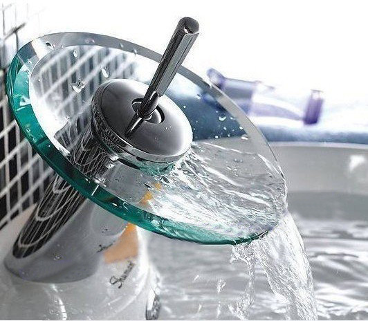 Bathroom Kitchen Basin Mixer Tap Sink Transparent Clear Glass Waterfall Green Round Faucet FREE SHIPPING
