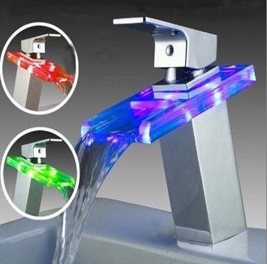 Free Shipping 3 Color Varied Light Temperature Sensor LED Waterfall LED Bathroom Sink Faucet Color Changing Waterfall Tap 1 Pcs