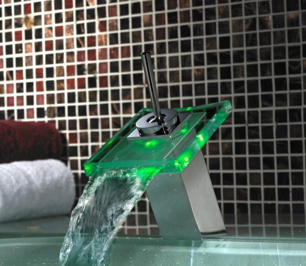 RGB LED LIGHT GLASS WATERFALL FAUCET KITCHEN BASIN BATHROOM SINK MIX TAP FAUCET 30.5*22*14cm 1053g