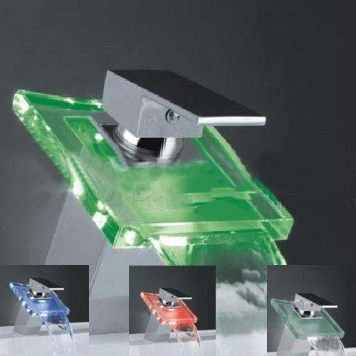 RGB LED Light Glass Waterfall Faucet Bathroom Sink Mix Faucet Basin Tap