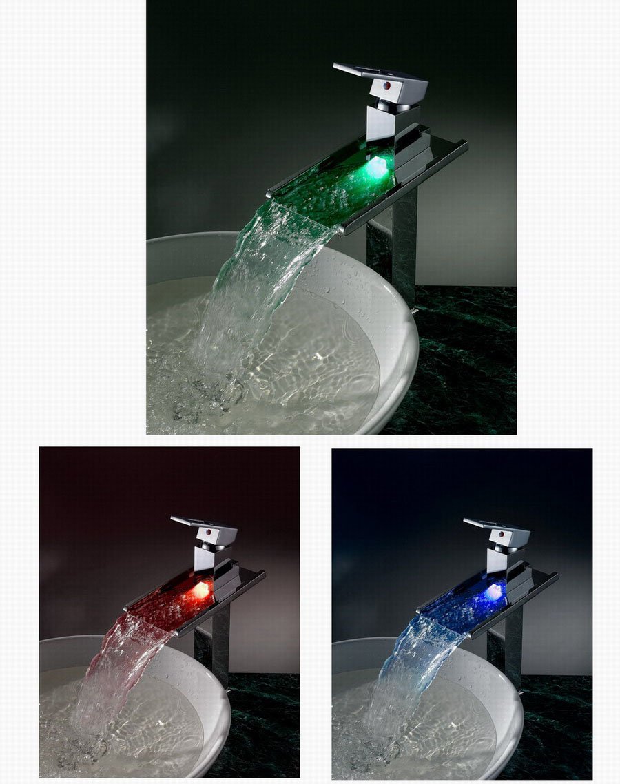 Chrome Battery-free LED Light Waterfall Vessel Color Change Bathroom Sink Faucet/Basin Mixer +Guaranteed 100%+Free Shipping