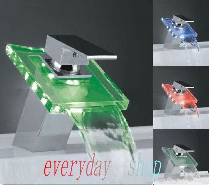 RGB LED LIGHT GLASS WATERFALL FAUCET KITCHEN BASIN BATHROOM SINK MIX TAP FAUCET