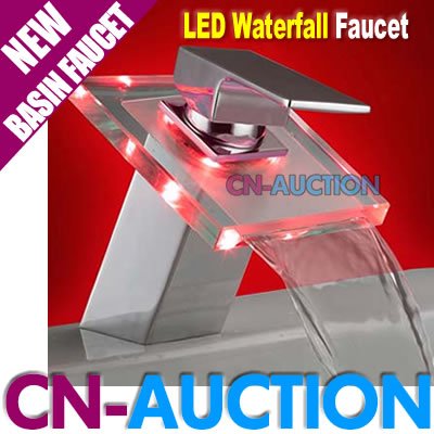 FREE SHIPPING! LED Waterfall Faucet Single Handle Glass Bathroom Faucet (CN-LWF4)