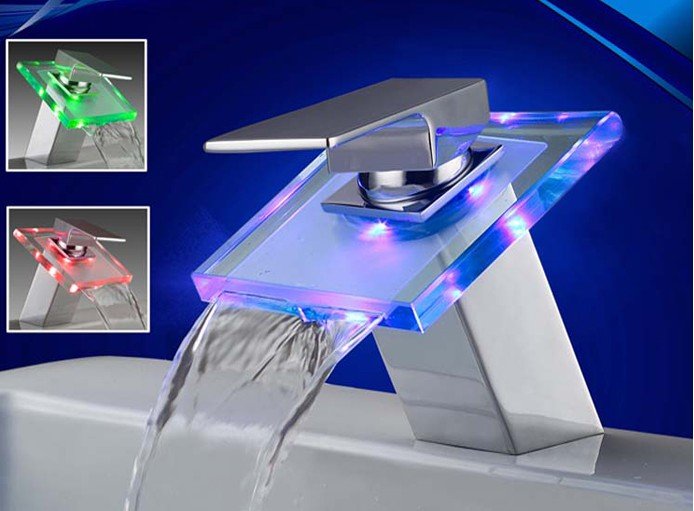 WHOLESALE RGB LED LIGHT GLASS WATERFALL FAUCET KITCHEN BASIN BATHROOM SINK MIX TAP FAUCET 30.5*22*14cm 1KG