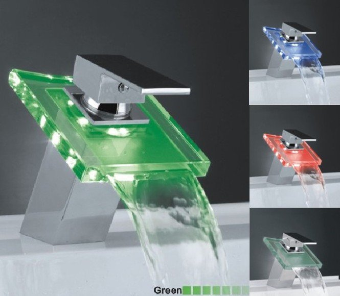 Single Handle Chrome Finishing LED Color Change Glass Waterfall Bathroom Sink Faucet