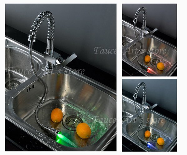 Chrome Battery-free LED Light Color Change Centerset Pull Out Kitchen Faucet +Guaranteed 100%+Free Shipping