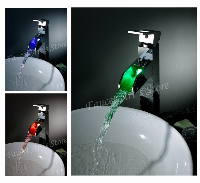 Chrome Battery-free LED Light Waterfall Vessel Color Change Bathroom Sink Faucet/Basin Mixer +Guaranteed 100%+Free Shipping