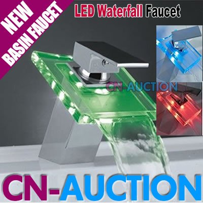 FREE SHIPPING! LED Basin Waterfall Faucet Single Handle Glass Bathroom Faucet (CN-LWF3)