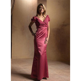 With Short Sleeves Bridesmaid Dresses Sheath V-neck Floor Length Satin Red Bridemaid Gown