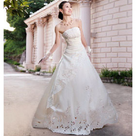 2011 A Line Sreapless Satin Beased Embroidered Floor Length Lace Up Hollow Pattern White Wedding Dress