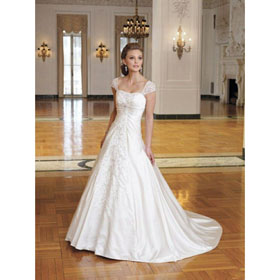 Appliqued Spaghetti Strap Satin Bridal Wedding Dress 2011 Fashion Design Floor Length Wholesale Price+free Shipping Top Quality