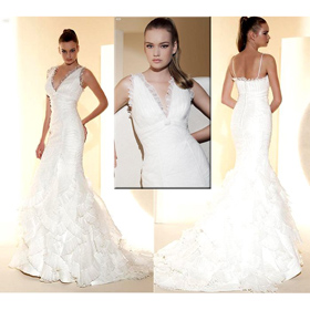 Discount MW001 V-neck Design Floor Length Strappy Sleeveless Ruffled Wedding Dress Drop Ship