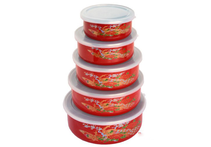 Enamel Bowl Set With Plastic Lid, 5 Pieces Per Set