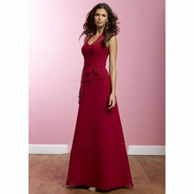 A-line Princess Halter Sash Floor Length Satin Chiffon Bridesmaid Dress