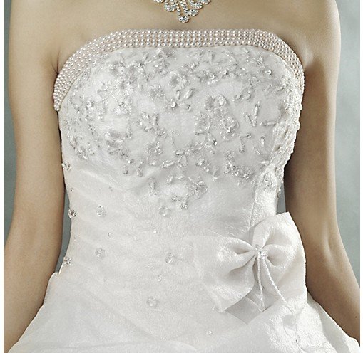 2011 A Line Strapless Crystal Yarn Sequin Beaded Floor Length White/Champagne Wedding Dress Zipper Back with Bowknot