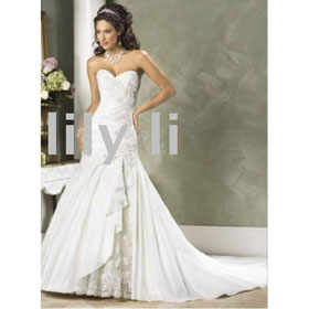 Free Shipping Mermaid Sleevesless V-Neck Floor Length Satin Embroidery Wedding Dress