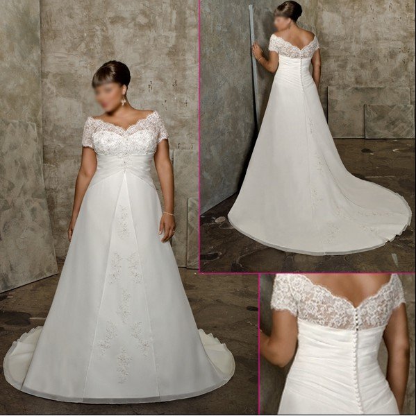 Free Shipping/A-line/Cap Sleeve/Satin&Lace/Floor Length/Plus Size Wedding Dress/Bridal LS008