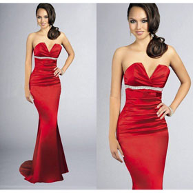 Elegant Backless Mermaid/Trumpet Floor Length Beaded Red Satin Evening Dress
