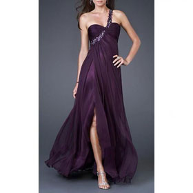 Feminine A-line Beadings One-Shoulder Floor Length Chiffon Evening Gown with Front Slit