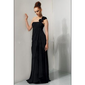 Backless Evening Dresses One Shoulder Black Hand Flower Chiffon Floor Length