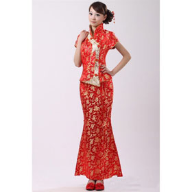 Wedding Dress, Chinese Traditional Mermaid Satin Embroidery Floor Length