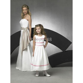 White Junior Bridesmaid A-line Round-neck Tea-length Satin Flower Girls Dress Bridemaid Dresses