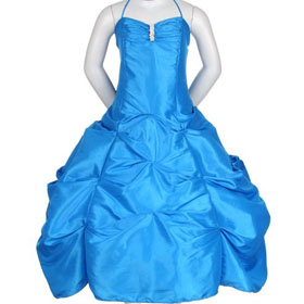 Blue Taffeta Halter Beaded Flower Girl Dress Ball Gown Junior Bridesmaid Dresses